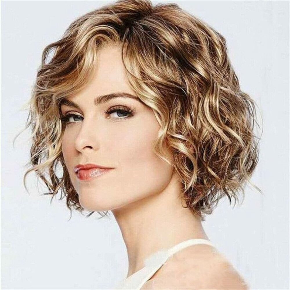 10 Inch Short Women Curly Wavy Bob Wig Fluffy Dark Blonde Hair